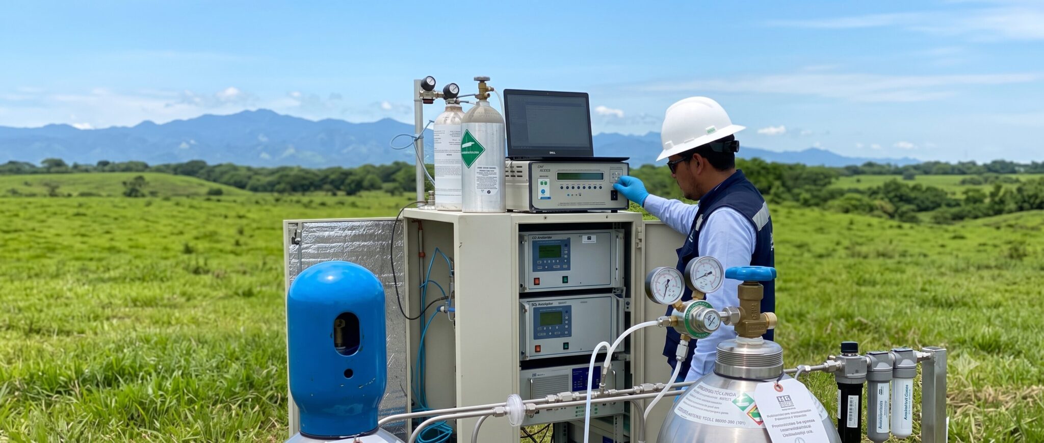 Técnico de Analytical Gases realizando mantenimiento a una estación de monitoreo de calidad del aire en campo