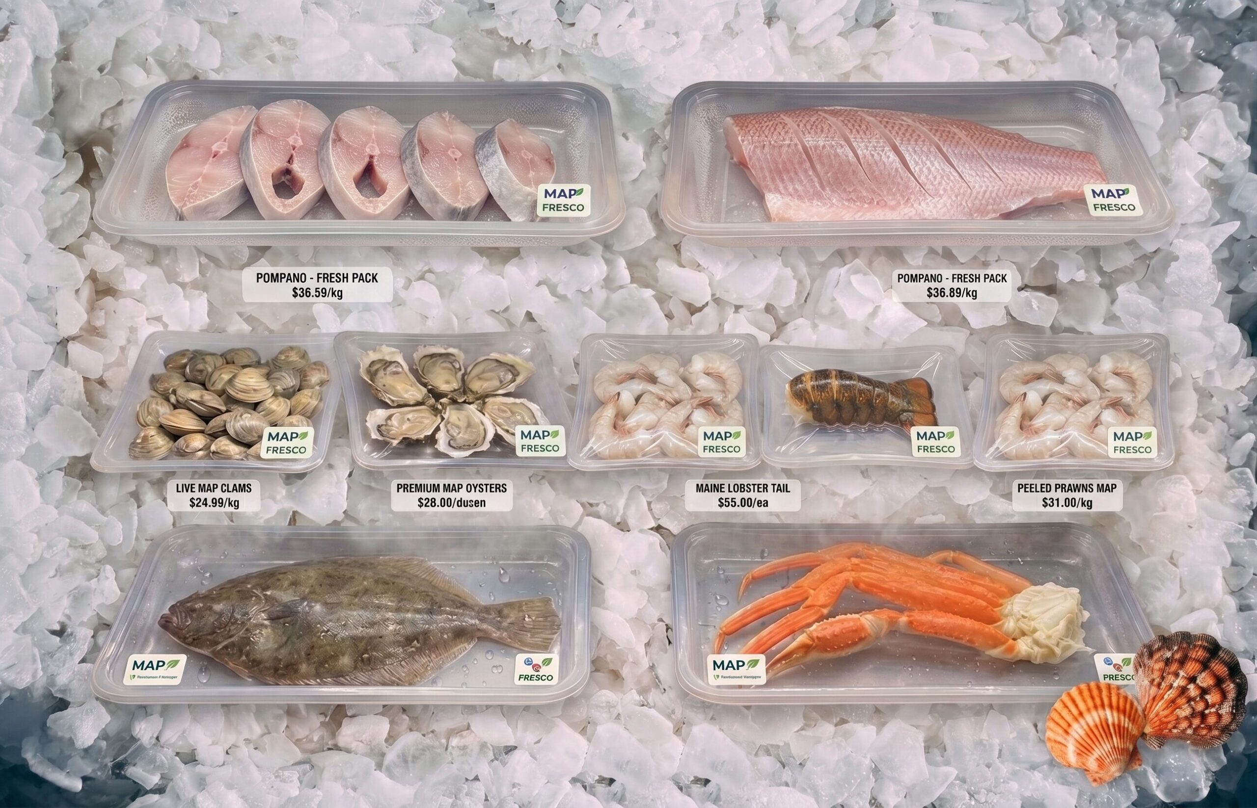 Pescados y mariscos frescos sobre hielo