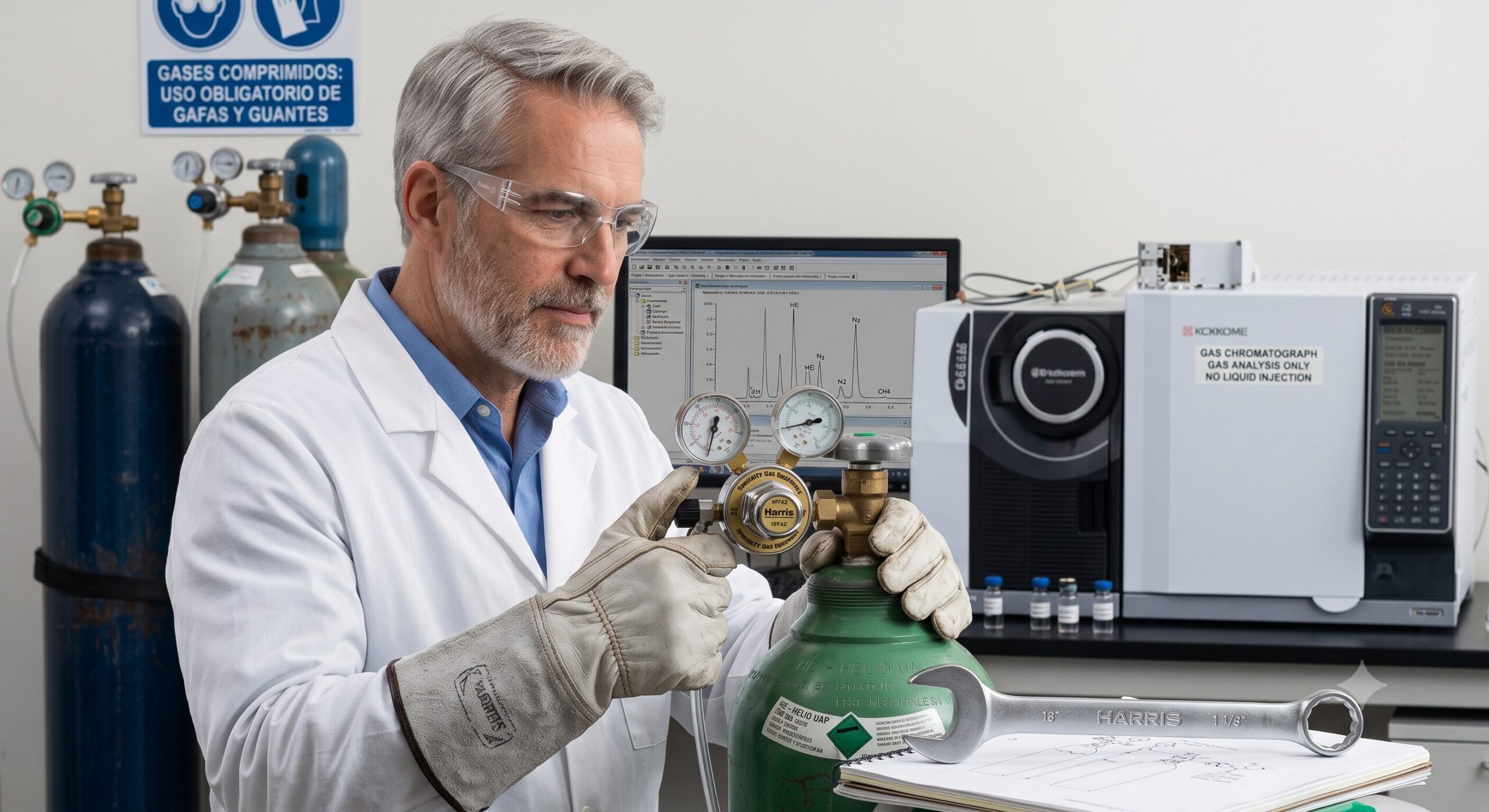 Técnico ajustando un regulador de gas especial junto a un cromatógrafo de gases