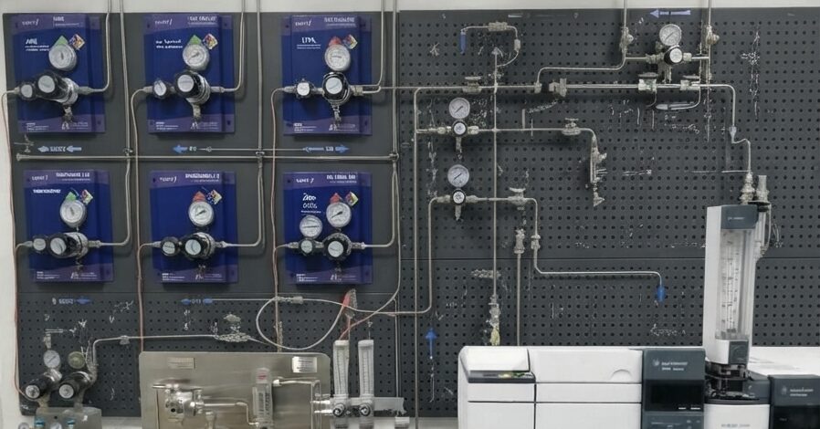 Panel de central de gases con manifolds, reguladores y equipo de laboratorio